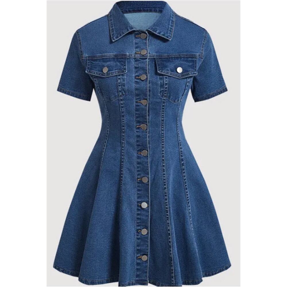 Short Sleeve Wash Stretch Denim Mini Dress SZ L - Picture 2 of 9